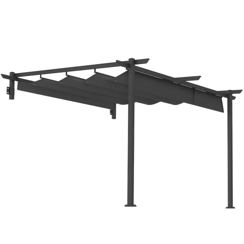 Reducere de preț Outsunny Pavilion 3x3m cu acoperiș ajustabil și rezistent la vânt, pergolă montabilă pe perete, gri închis
