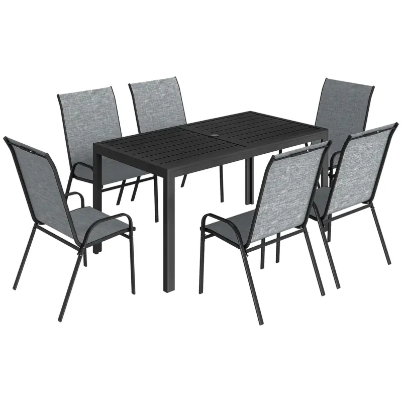 Retur gratuit Outsunny Set Masă și Scaune Grădină cu Masă Metalică cu Orificiu și 6 Scaune Stivuite Respirabile pentru Terasă Gri