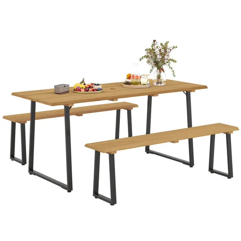 Chilipir Outsunny Grup de mobilier din 3 piese din lemn pentru 6 persoane Masă de bucătărie cu 2 bănci Orificiu pentru umbrelă Masă din lemn 178 x 76 x 77 cm Lemn natural