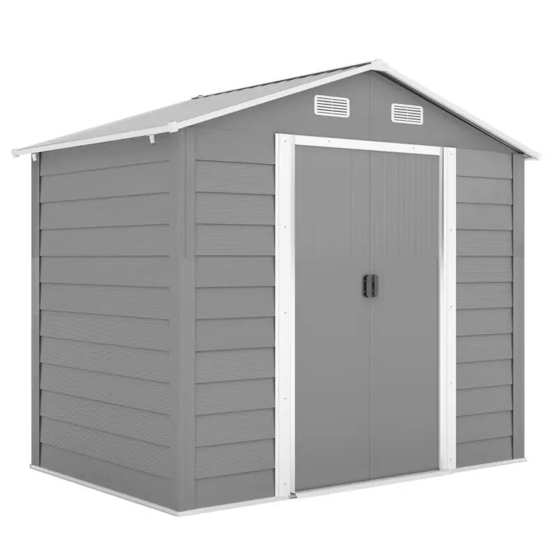 Outsunny Magazie de Gradina, Suport pentru Unelte din Otel cu Usi Glisante si Orificii de Aerisire, 236x196x210cm, Maro Reducere de preț