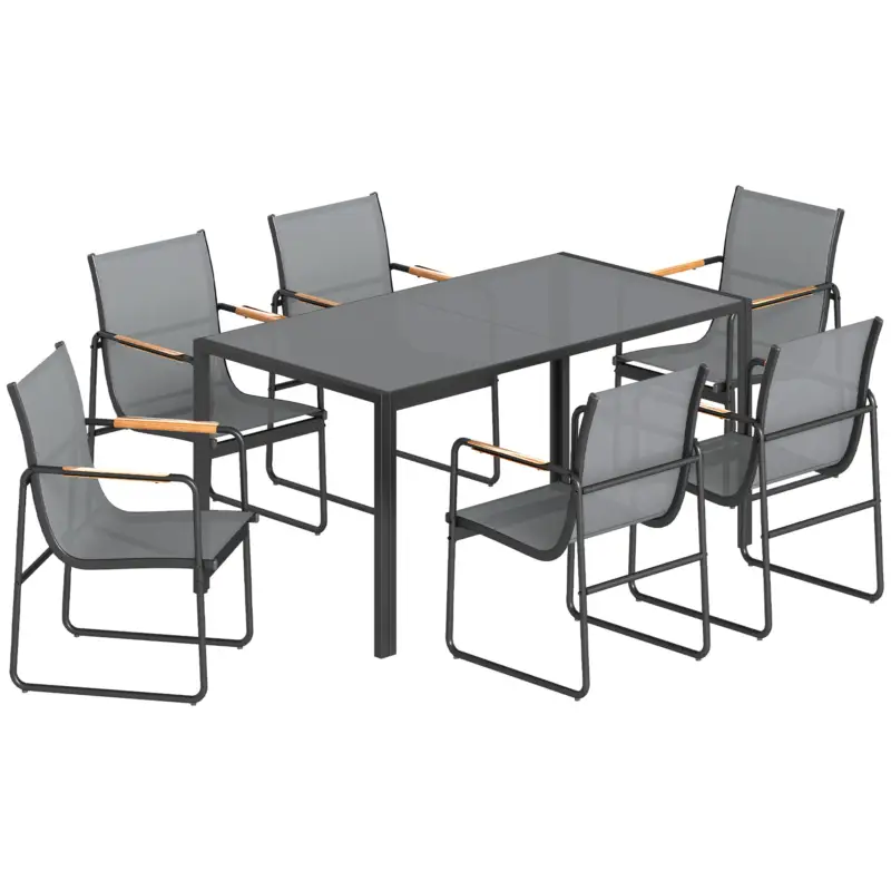 Outsunny Set masă și scaune pentru grădină cu masă din sticlă securizată și 6 scaune respirabile pentru terasă/patio, gri Bestseller