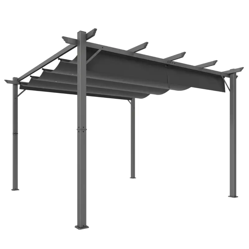 Outsunny Pergolă de Grădină 3x3 m cu Acoperiș Retractabil Protecție UPF30+ Drenaj Cadru din Aluminiu pentru Patio Exterior Gri Închis Calitate înaltă