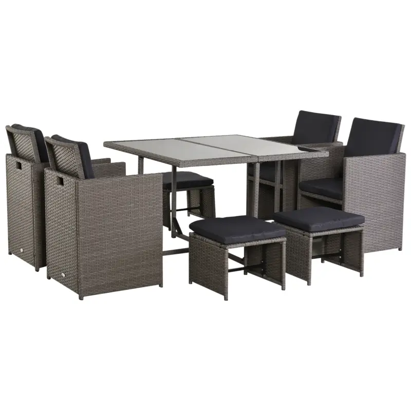 Outsunny Set Mobilier de Gradina Extern 9 bucati Masa cu 4 Scaune 4 Taburet in Rattan, Maro Doar azi