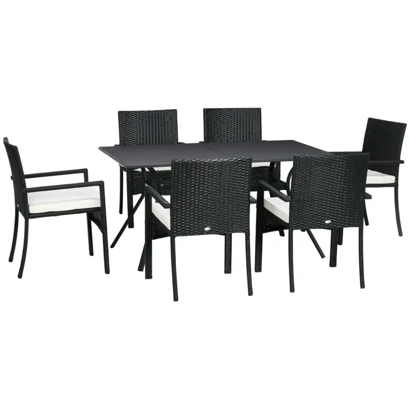 Outsunny Set Grădină 7 Piese din Ratan PE cu Masă de 150x90x72 cm și 6 Scaune de 58x62x87 cm cu Perne Popular