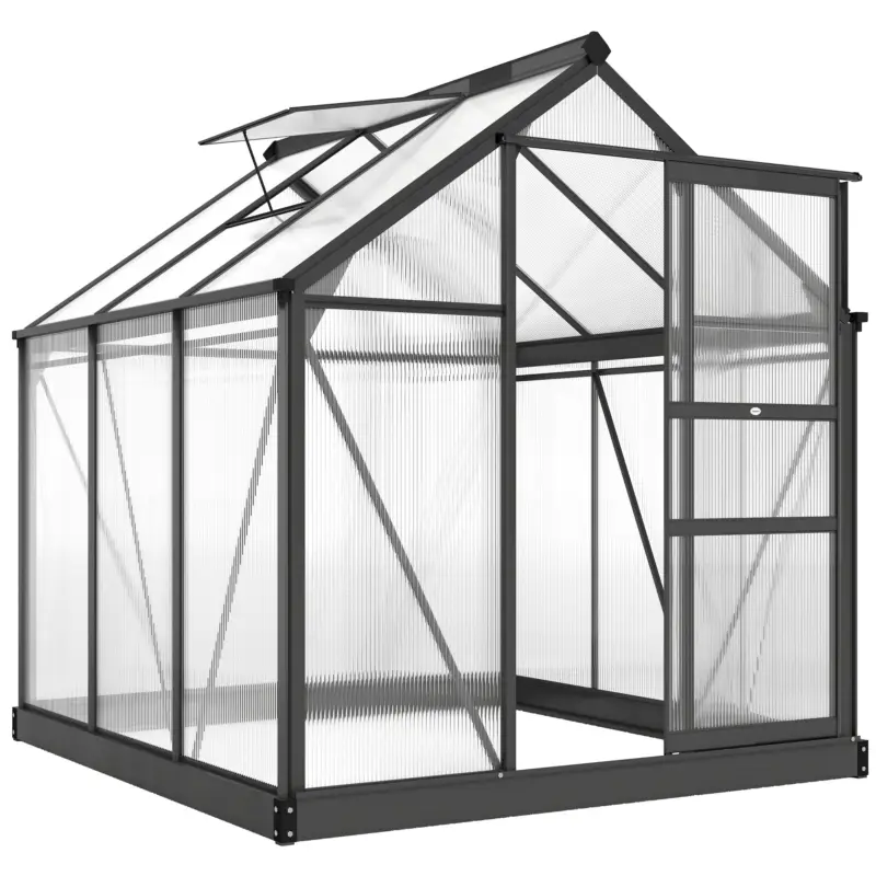 Outsunny Seră de Grădină, Seră din Policarbonat și Aluminiu cu Ușă Culisantă, Ventilație pe Acoperiș și Jgheab, 190x192x201 cm, Gri Ofertă