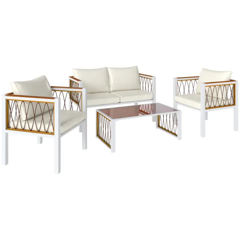 Outsunny Set mobilier grădină 4 piese Polyrattan lounge cu canapea 2 locuri, 2 fotolii, masă cu sticlă, perne detașabile, saltea antiderapantă Retur ușor