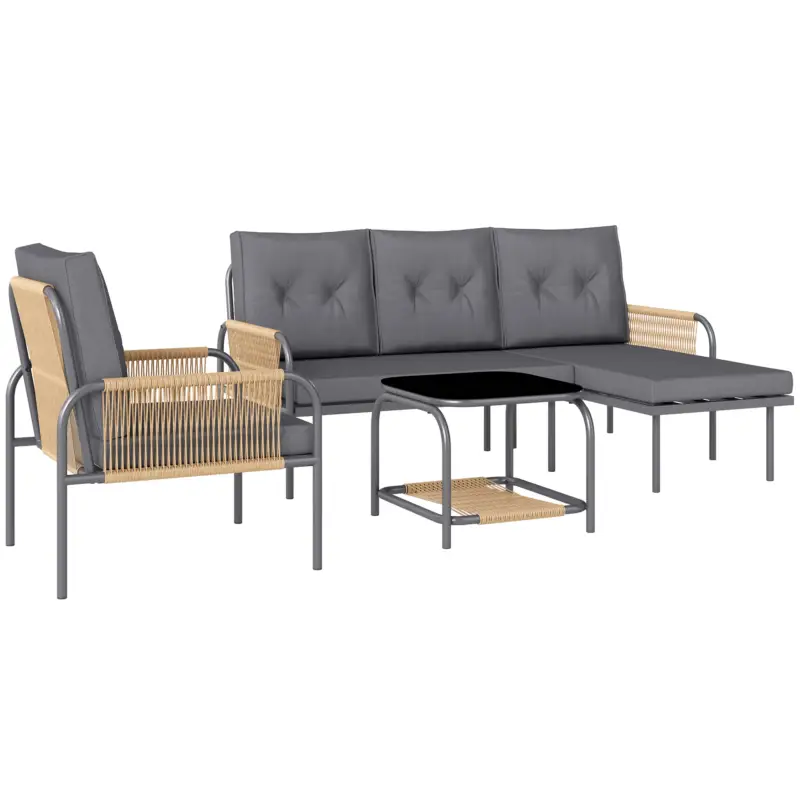 Premium Outsunny Set Mobilier de Grădină din 4 Piese cu Canapea, Fotoliu, Șezlong și Măsuță, 64x70x78 cm, Gri Închis