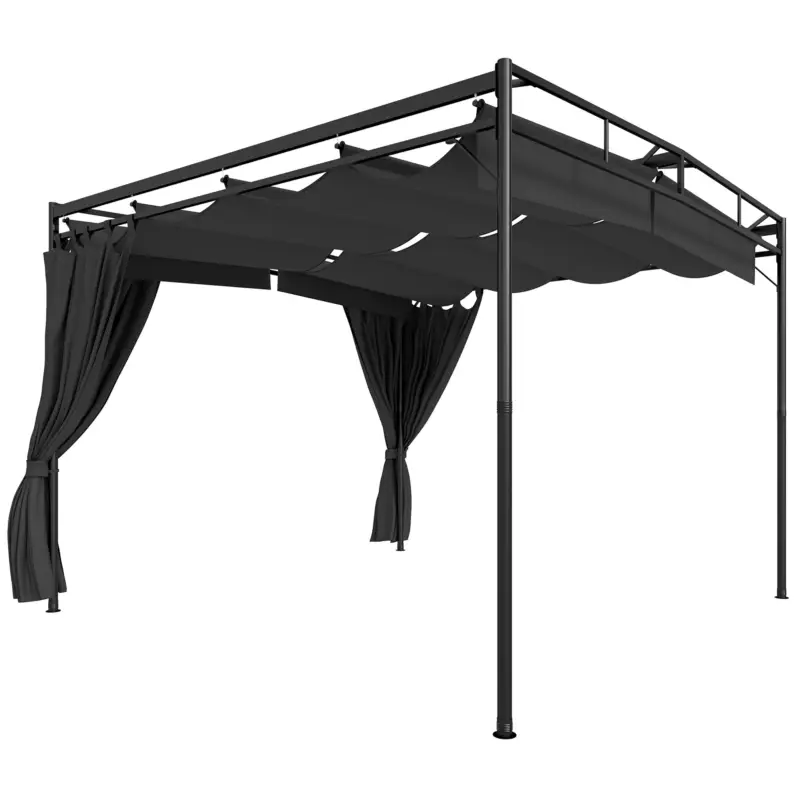 Outsunny Pergolă retractabilă 3 x 3 m cu draperii, adăpost de grădină din metal pentru terasă și patio Gri Închis Bestseller