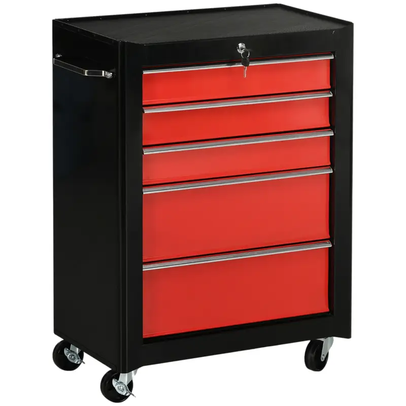 Ofertă limitată HOMCOM Cărucior pentru scule pe roți, Servantă de atelier din oțel 5 sertare închidere cu 2 chei, 61,5 x 33 x 82,5 cm, roșu