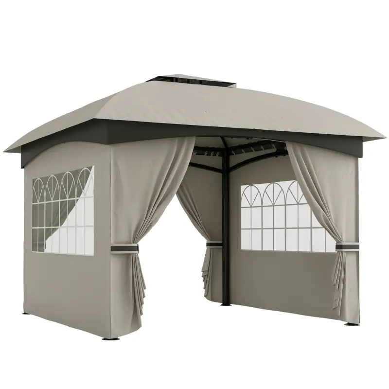 Outsunny Pavilion de grădină 3,4 x 3,4 m, Cort de bere cu acoperiș ventilat, ferestre arcuite, cadru din oțel, Gri deschis Premium