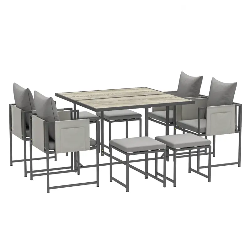 Outsunny Set Mobilier de Grădină din 9 Piese cu Masă, 4 Fotolii și 4 Scaune, 110x110x75 cm, Gri Retur ușor