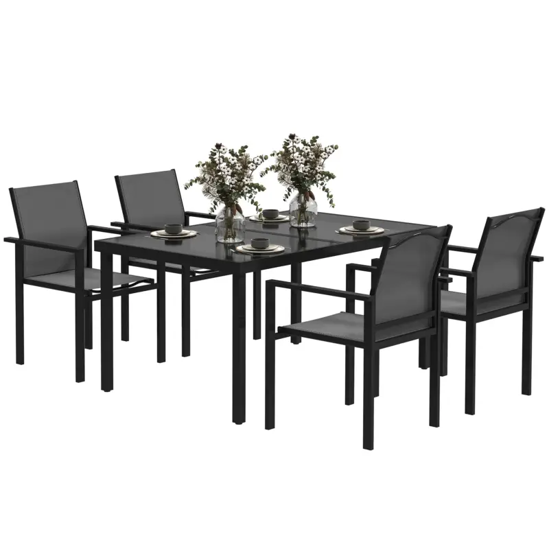 Outsunny Masă de grădină exterioară cu 4 scaune empilabile, blat din sticlă securizată 140 cm, negru Reducere extra