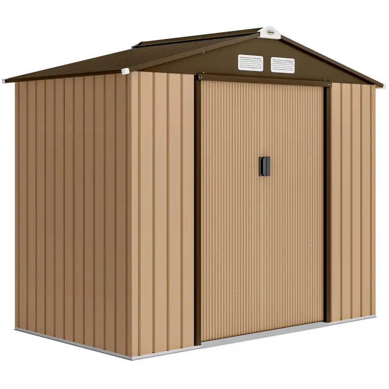 Comandă acum Outsunny Șopron de grădină exterior 2,42 m² 213x130x185 cm cu ușă culisantă, ventilație și kit de fundație, galben