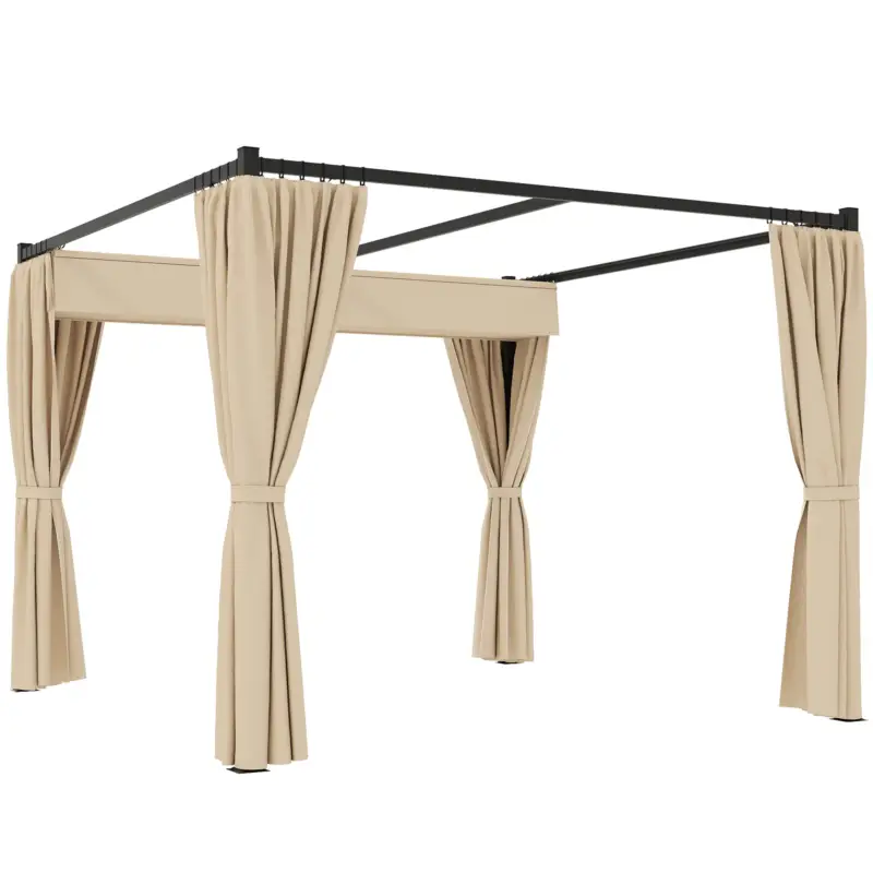 Preț mic Outsunny Pergolă de Grădină cu Acoperiș Retractabil și Perdele, din Metal și Poliester, 300x300x227 cm, Bej