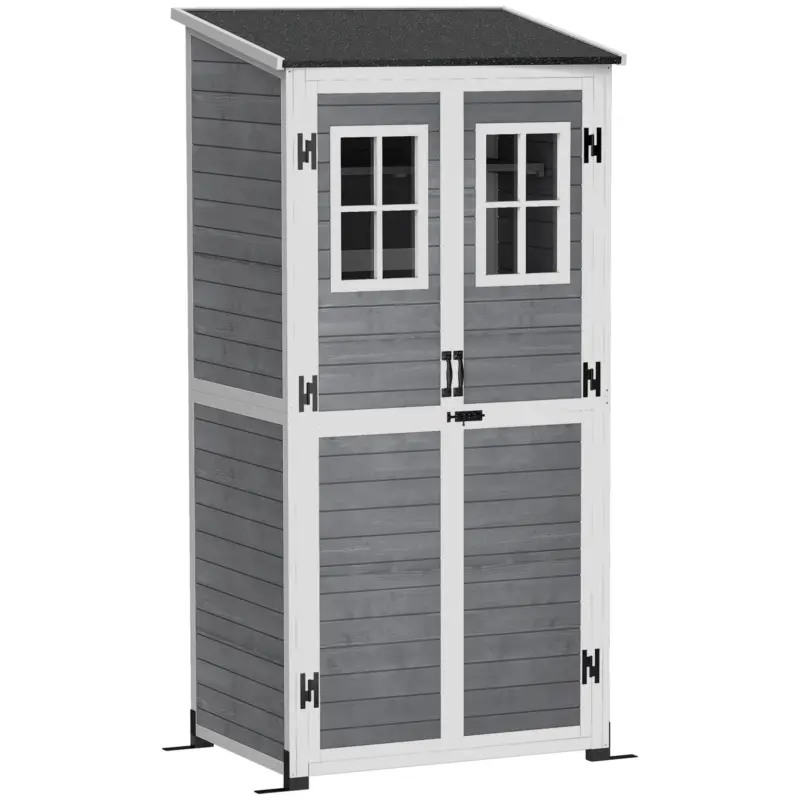 Outsunny Magazie pentru depozitare în grădină, magazie pentru unelte cu 2 ferestre, țăruși pentru ancorare, acoperiș din asfalt, 91 x 69 x 192 cm, lemn de brad, Gri deschis Calitate înaltă