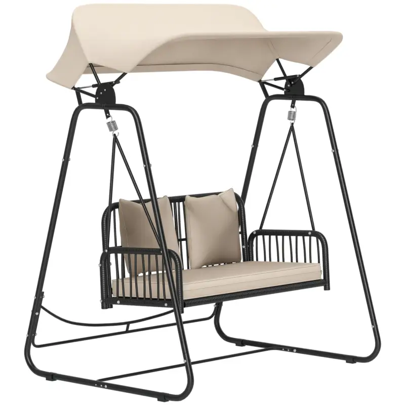 Reducere Outsunny leagăn din ratan pentru 2 persoane, cu acoperiș reglabil și perne, capacitate 240 kg, 149 x 121 x 180 cm, kaki