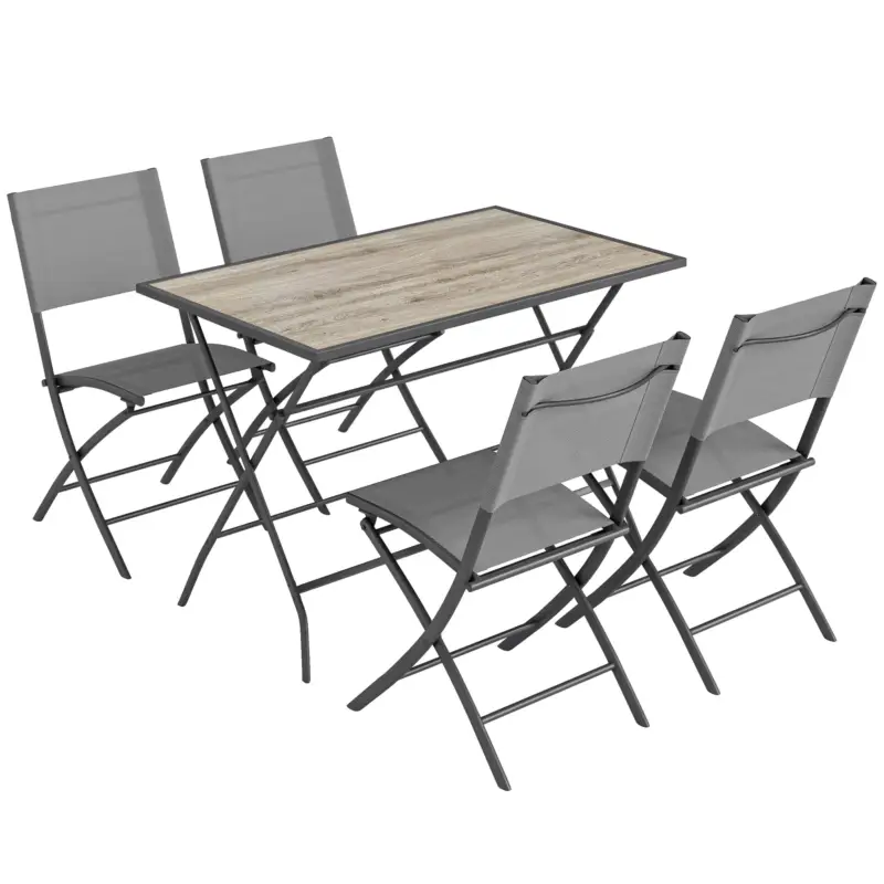 Bestseller Outsunny Set mobilier grădină pliabil 5 piese masă cu 4 scaune respirabile aspect lemn economisitor de spațiu