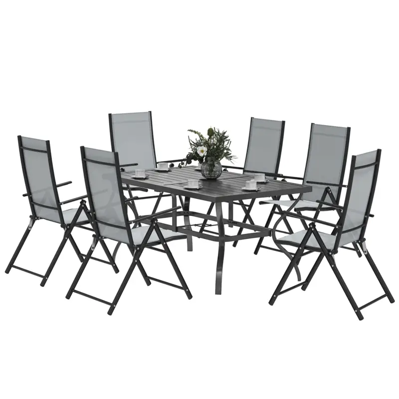 Ofertă limitată Outsunny Set pentru Grădină din 7 Piese, cu 6 Scaune Pliabile și Masă cu Orificiu pentru Umbrelă, 150x90x71 cm, Gri