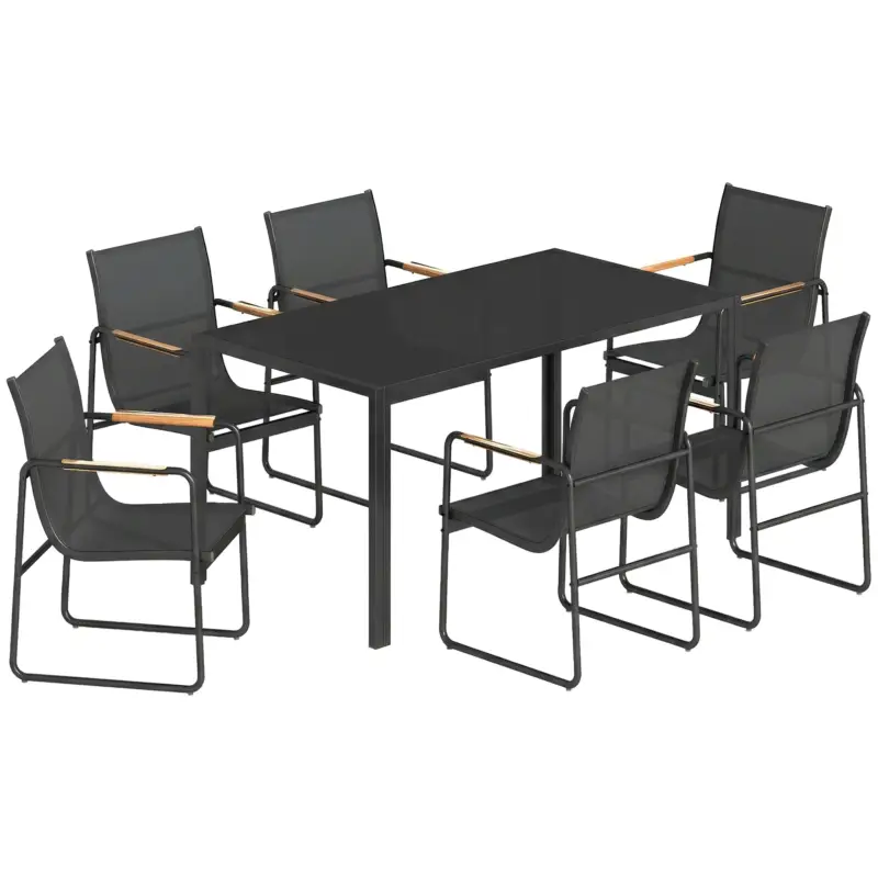 Outsunny Set Masă și Scaune de Grădină 7 Piese, Set Prânz Exterior cu Masă din Sticlă Temperată, 6 Scaune din Texteline Respirabil, Cotiere Decorative, Structură din Oțel pentru Terasă Balcon, Negru Preț redus