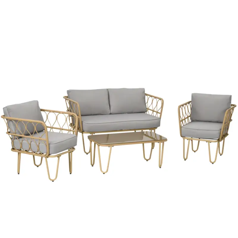 Premium Outsunny Set canapea din ratan PE din 4 piese, Seturi de mobilier de conversatie pentru gradina impletite, cu impletitura rotunda, cu perne groase capitonate si masuta cu sticla pentru balcon