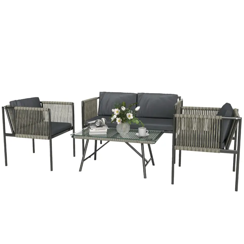 Outsunny Set Mobilier de Grădină din Ratan cu 2 Fotolii, Canapea cu 2 Locuri și Măsuță de Cafea din Sticlă, Gri Premium