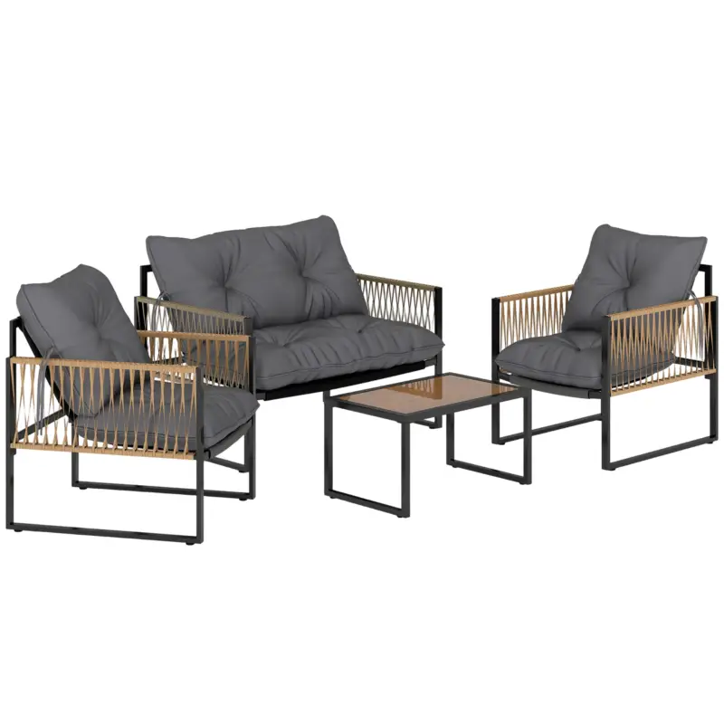 Outsunny Set mobilier grădină, 4 piese, canapea, 2 scaune, masă cu blat din sticlă, cadru metalic, polyratan, antracit Bestseller