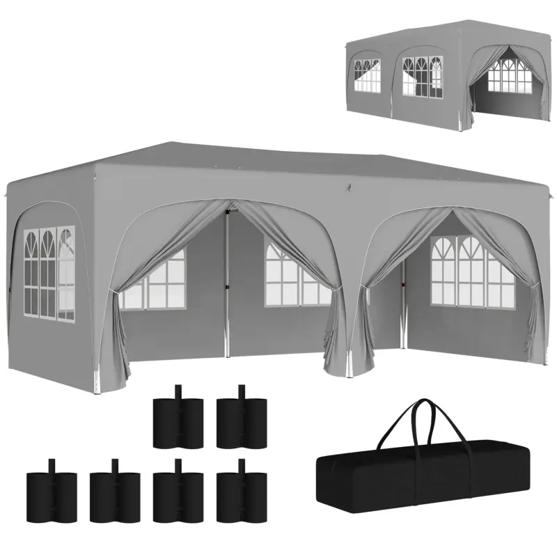 Outsunny Tonelă pliabilă 3 x 6 m Pop-Up, UPF50+ Înălțime reglabilă, cu sac de transport și saci de nisip, gri deschis Disponibil imediat