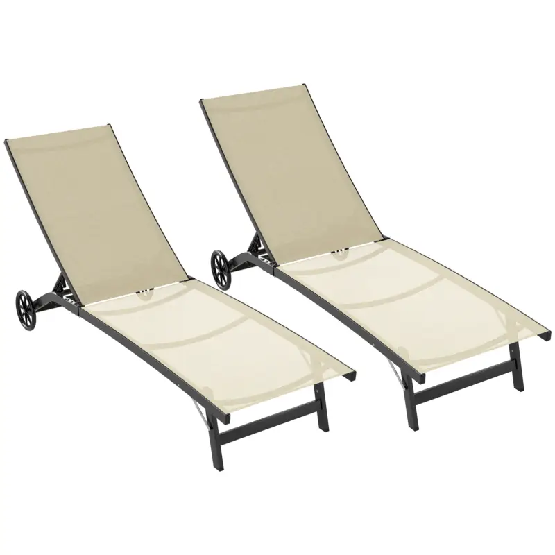 Calitate înaltă Outsunny Set de 2 șezlonguri din aluminiu și textilenă cu roți, spătar reglabil, sarcină max. 150 kg kaki