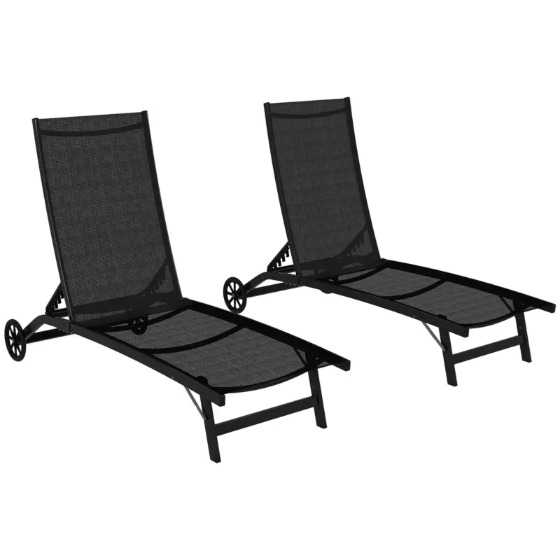 Outsunny Set de 2 șezlonguri din aluminiu și textilenă cu roți, spătar înclinabil, greutate max. 150 kg, negru Transport gratuit