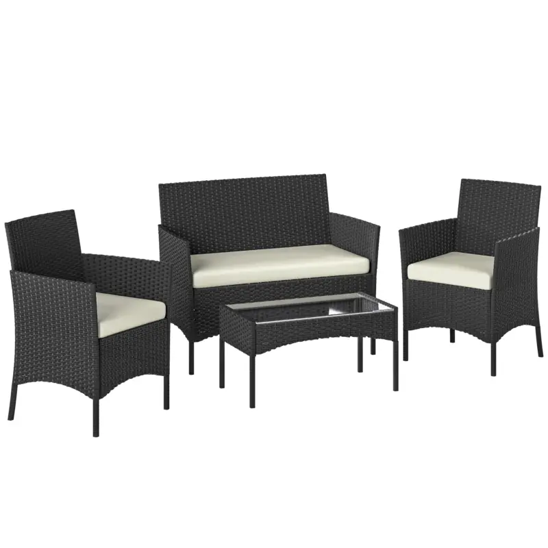 Livrare gratuită Outsunny Set Mobilier Grădină din Ratan Sintetic cu Canapea, Fotolii și Masă din Sticlă Securizată și Perne Negru și Crem