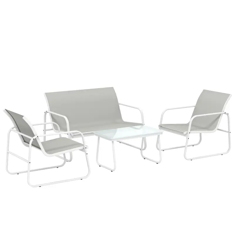 Preț mic Outsunny Set de grădină exterior de 4 piese cu canapea de 2 locuri, 2 fotolii, masă cu sticlă securizată, textilene gri deschis