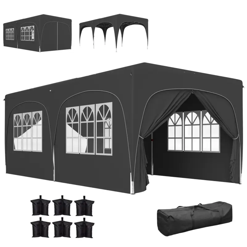 Reducere Outsunny Tonelă pliabilă 3 x 6 m Pop-Up, UPF50+ Înălțime reglabilă, cu sac de transport și saci de nisip, gri închis