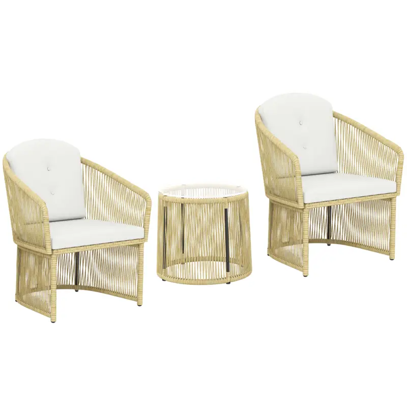 Outsunny Set de grădină exterior din rășină împletită pentru 2 persoane, masă de grădină exterioară cu 2 scaune cu perne, crem Bestseller