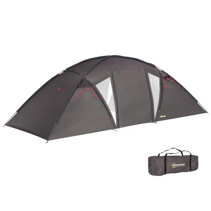 Outsunny Cort de camping familial pentru 4-6 persoane, cort tunel impermeabil 3000 mm cu 2 uși, sac de transport, negru Popular