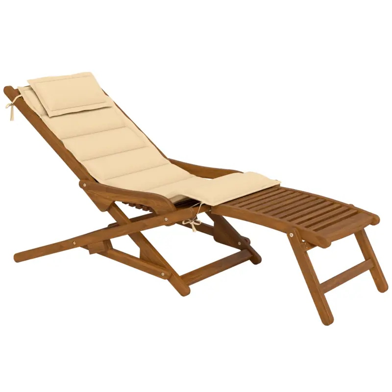 Outsunny Șezlong/Scaun Pliabil din Lemn cu Suport pentru Picioare Detașabil și Pernă cu Suport pentru Cap Capacitate 160 kg 158x61x70 cm Bej Ofertă limitată