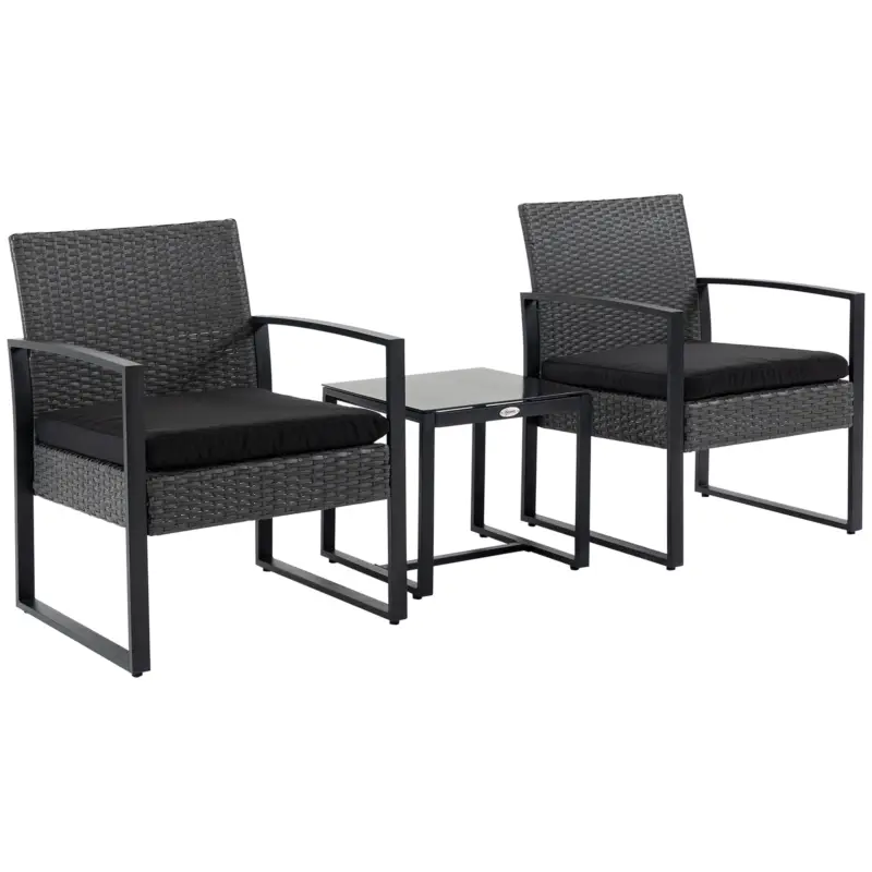 Outsunny Salon de jardin 2 locuri 3 piese 2 scaune cu perne + masă de cafea blat sticlă securizată rășină tressée 4 fire imitație de răchită gri Lichidare de stoc