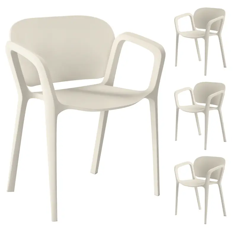 Super ofertă Outsunny - Set 4 scaune de grădină stivuibile din PP, design modern, cu brațe, 60x56x75 cm, alb