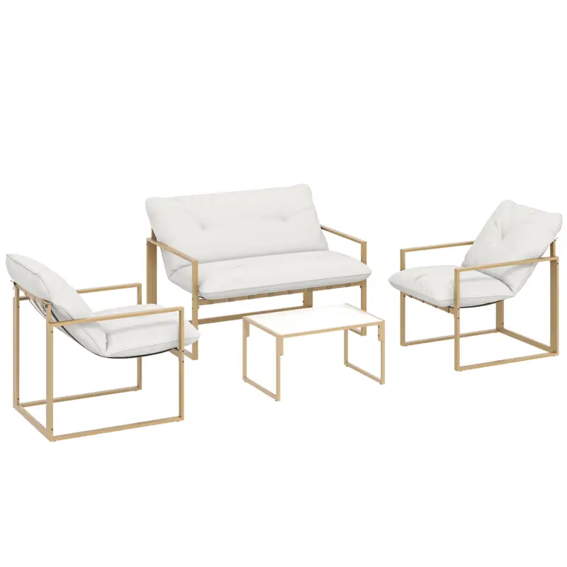 Livrare expres Set mobilier pentru grădină 4 piese Outsunny, set pentru terasă cu masă cu blat din sticlă securizată, canapea, 2 fotolii, Alb