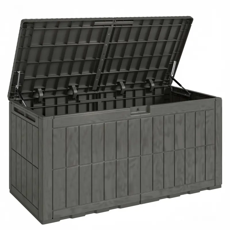 Disponibil imediat Outsunny Cufăr Exterior Capacitate 440 L din Rășină Rezistentă la Apă și Razele UV cu Capac Blocabil Bare cu Gaz Cafeniu
