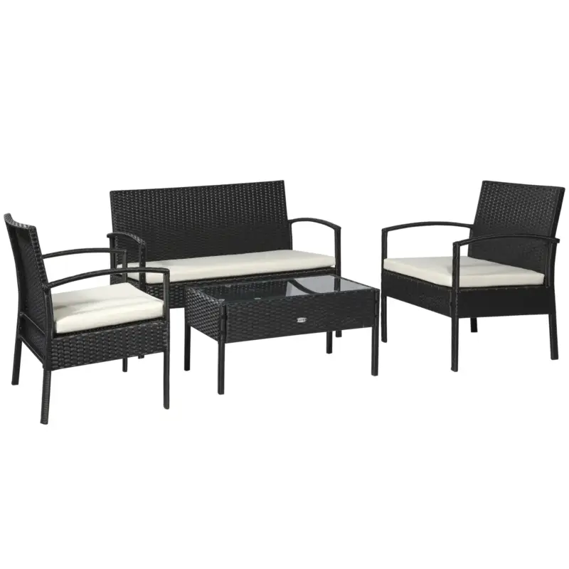 Promoție Outsunny Set Mobila in PE Rattan de Extern cu Masa, 2 Fotolii si Canapea cu Perne, Negru
