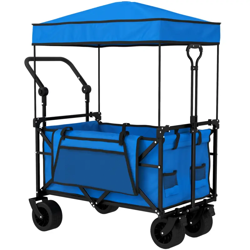 Cumpără online Outsunny Cărucior de grădină pliabil cu roți mari blocabile bară reglabilă suport pentru pahare pentru camping 125x59x133 cm Albastru