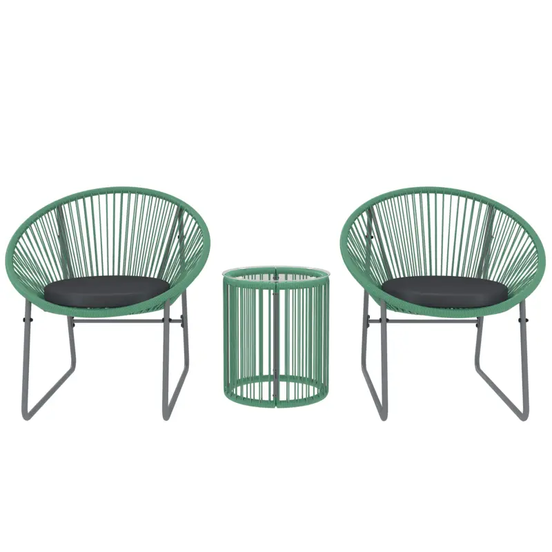 Retur gratuit Outsunny Set de mobilier de exterior cu 3 piese, 1 masă, 2 scaune, placă de masă din sticlă, poliratan plastic înfășurat în cadre de oțel, perne moi, Verde
