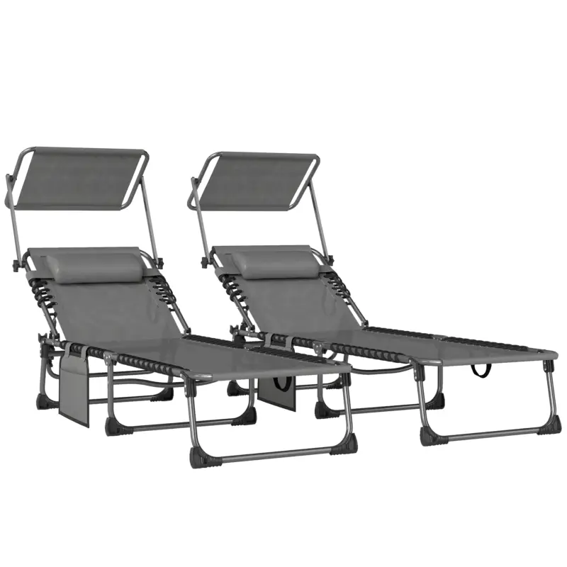 Chilipir Outsunny Set de 2 șezlonguri pliabile cu pernă pentru cap, told, buzunar lateral și spătar reglabil în 5 poziții, gri