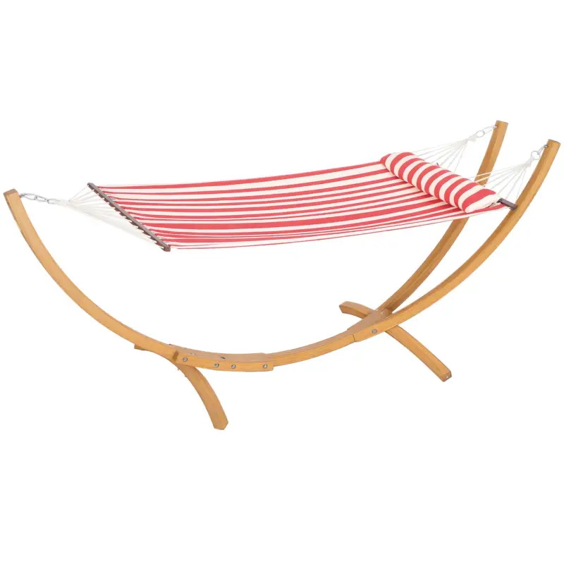 Preferatul clienților Outsunny Hamac pe suport 1 loc, hamac cu suport din lemn pernă de cap, pat din bumbac, 310x118x120cm, roșu și alb