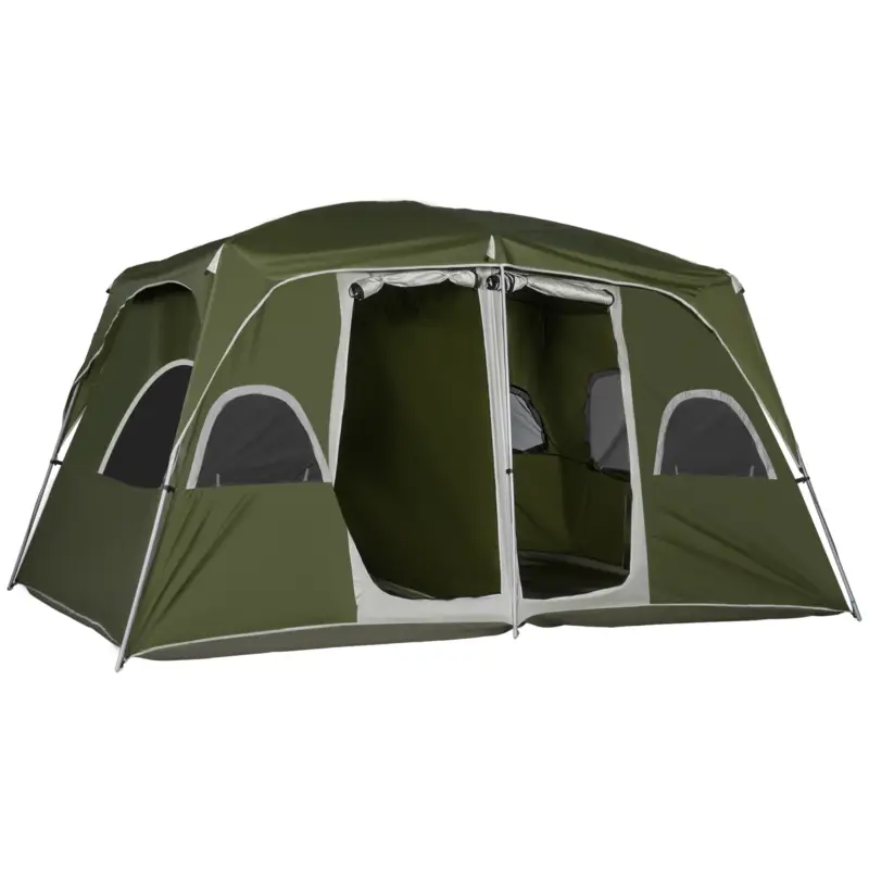 Noutate Outsunny Cort pentru 4-8 Persoane cu 2 Dormitoare 2 Buzunare și Ferestre cu Plasă Impermeabil 400x275x210 cm Verde