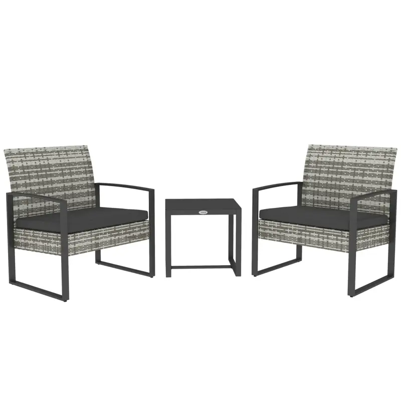 Outsunny Salon de jardin 3 piese 2 scaune cu perne + masă de cafea cu blat din sticlă securizată rășină tressée gri deschis Reducere