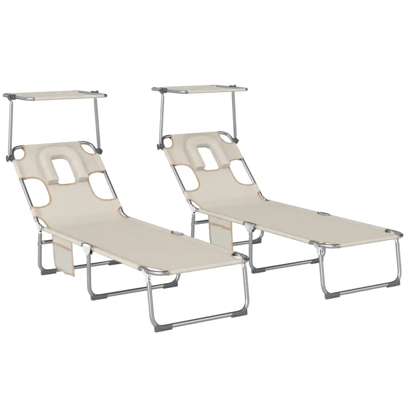 Outsunny Set de 2 șezlonguri pliante reclinabile cu copertină 360° orificiu facial buzunar lateral și Textilene 550 g/m² bej Ieftin