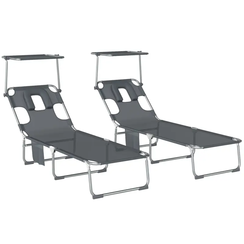 Outsunny Set de 2 șezlonguri pliante reclinabile cu copertină 360°, orificiu facial, buzunar lateral și Textilene 550 g/m² Gri Cumpără acum