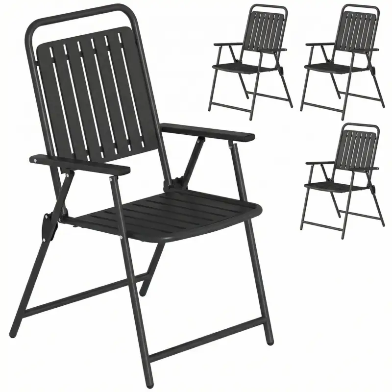Ieftin Outsunny Set de 4 scaune de grădină pliabile pentru exterior cu cotiere, spătar și șezut cadru metalic 55x63x93 cm negru