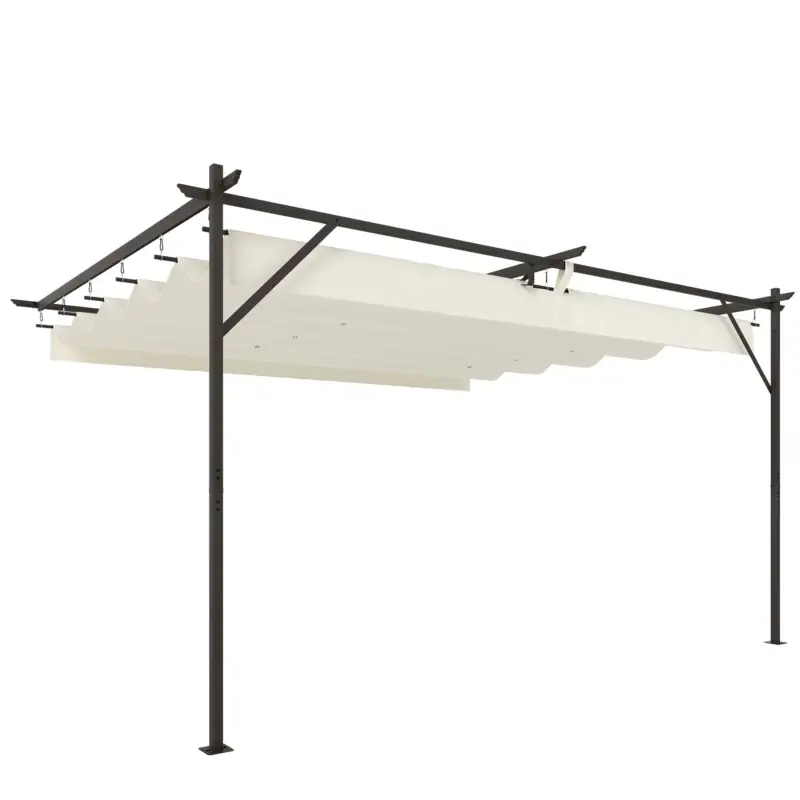 Ofertă specială Outsunny Pergolă Gazebo Montată pe Perete 3x4 m cu Acoperiș Retractabil, Orificii de Drenaj, Pergolă de Grădină din Poliester și Oțel, pentru Terasă, Patio, Exterior, UV30+, Crem